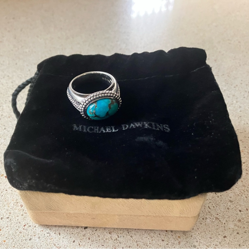 Michael Dawkins Sterling Silver & Matrix Turquoise Cabochon Ring Sz 9.